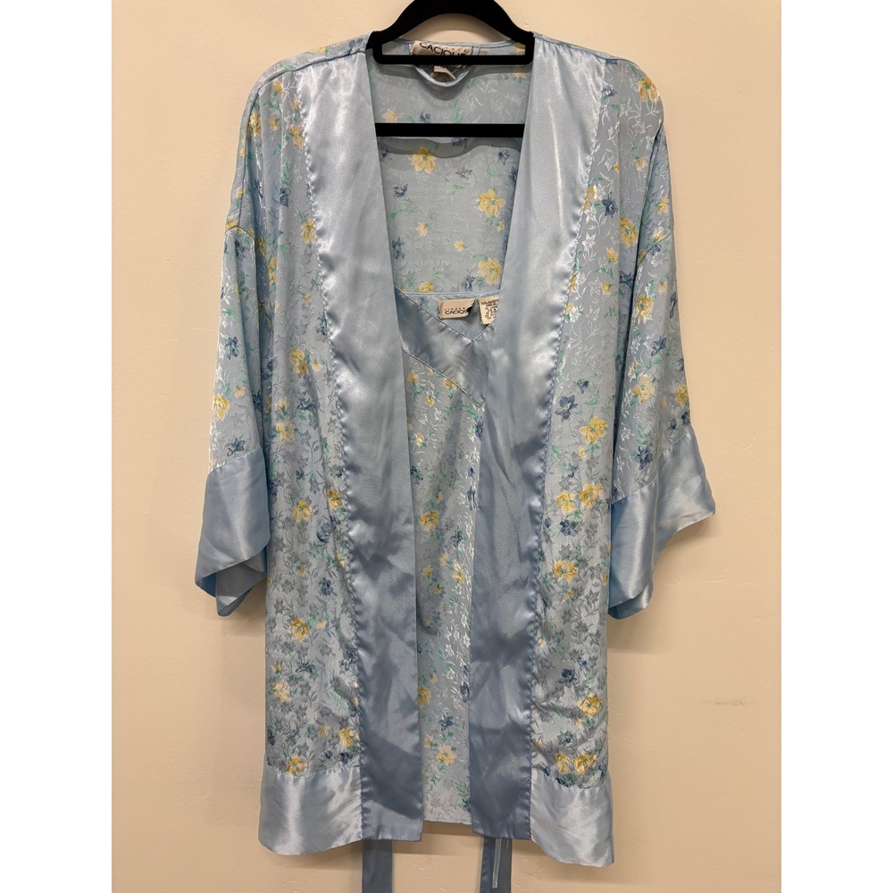 Cacique Blue Floral Satin Robe Gown Set Size S Lingerie Slepwear 2pc vintage rom
